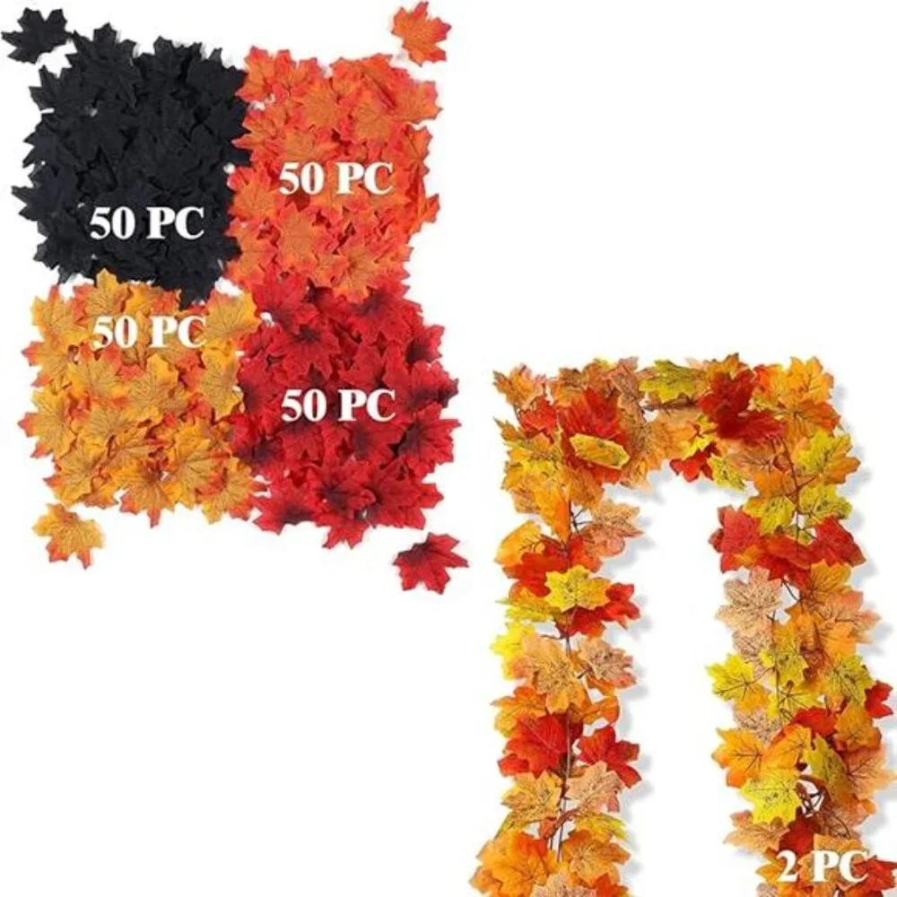 2PC Fall Garland and 200PC Fall Leaves Bulk for Fall Home Decorations